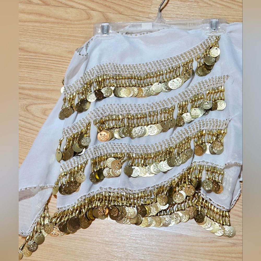 Renaissance Belly Dance Hip Scarf White With Gold Coins ~New~ Firm Price